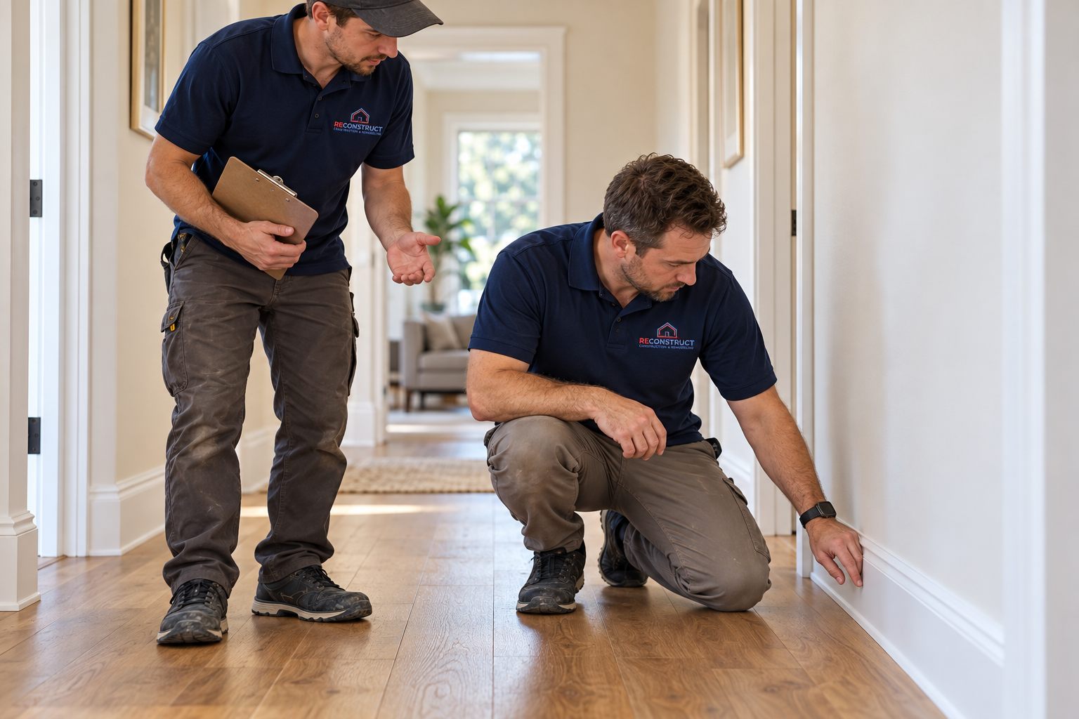 AI-generated illustration of a ReConstruct project manager and team member checking baseboard and flooring details in a home