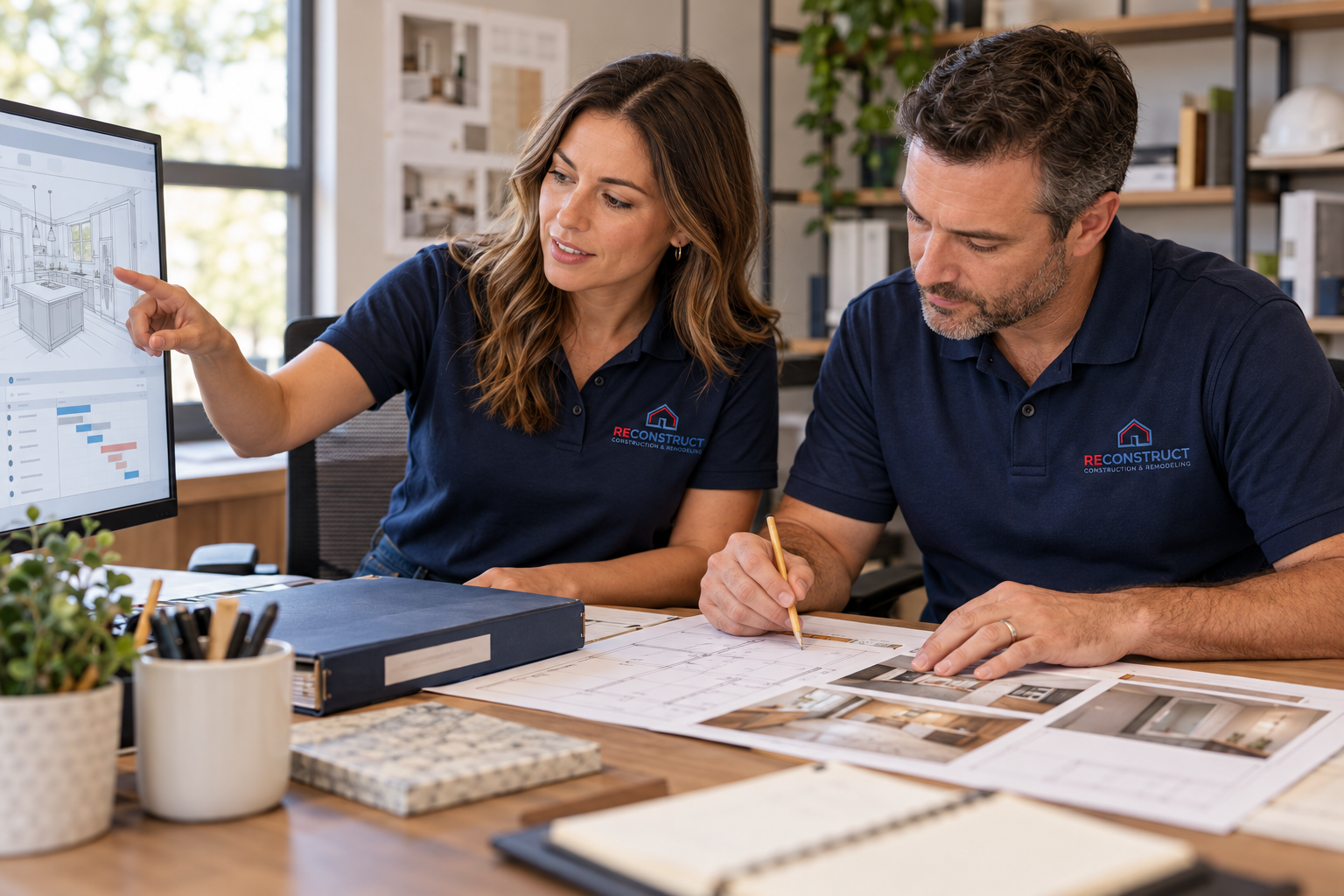 AI-generated illustration of office team members reviewing project documentation and planning construction work