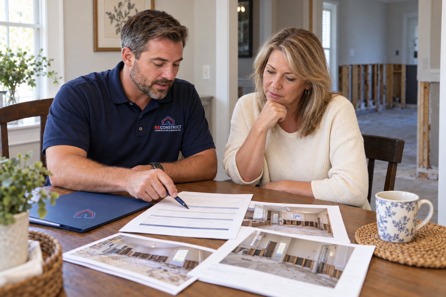 AI-generated illustration of a ReConstruct coordinator walking a homeowner through a construction estimate