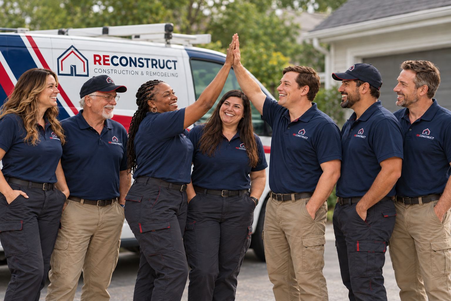An AI-assisted ReConstruct team portrait in branded navy polos