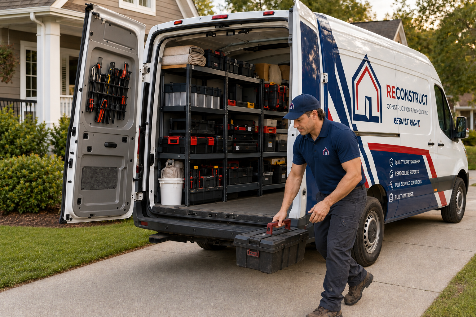 A ReConstruct wrapped van with one team member carrying a toolbox